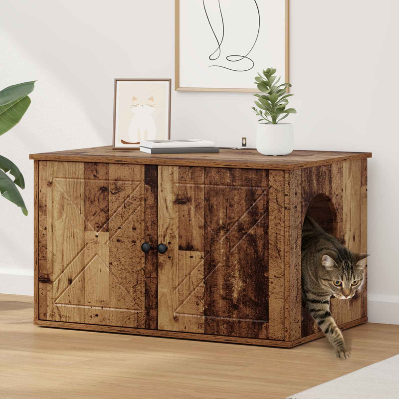 Afbeelding laden in galerijviewer, Vidaxl kattenhuis oudhout 85 x 55 x 50 cm bewerkt hout