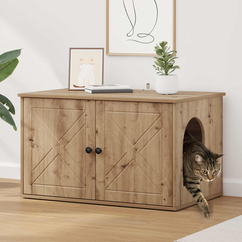 Afbeelding laden in galerijviewer, Vidaxl kattenhuis ambachtelijk eiken 85 x 55 x 50 cm bewerkt hout