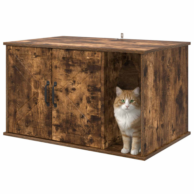 Afbeelding laden in galerijviewer, Vidaxl kattenhuis gerookt eiken 85 x 55 x 50 cm bewerkt hout