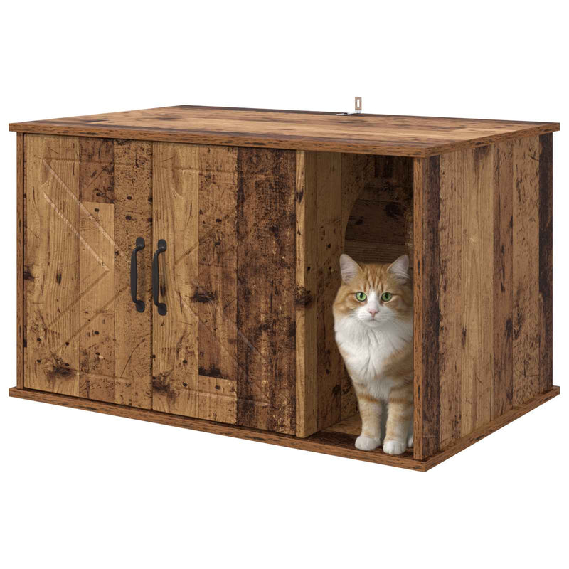 Afbeelding laden in galerijviewer, Vidaxl kattenhuis oudhout 85 x 55 x 50 cm bewerkt hout