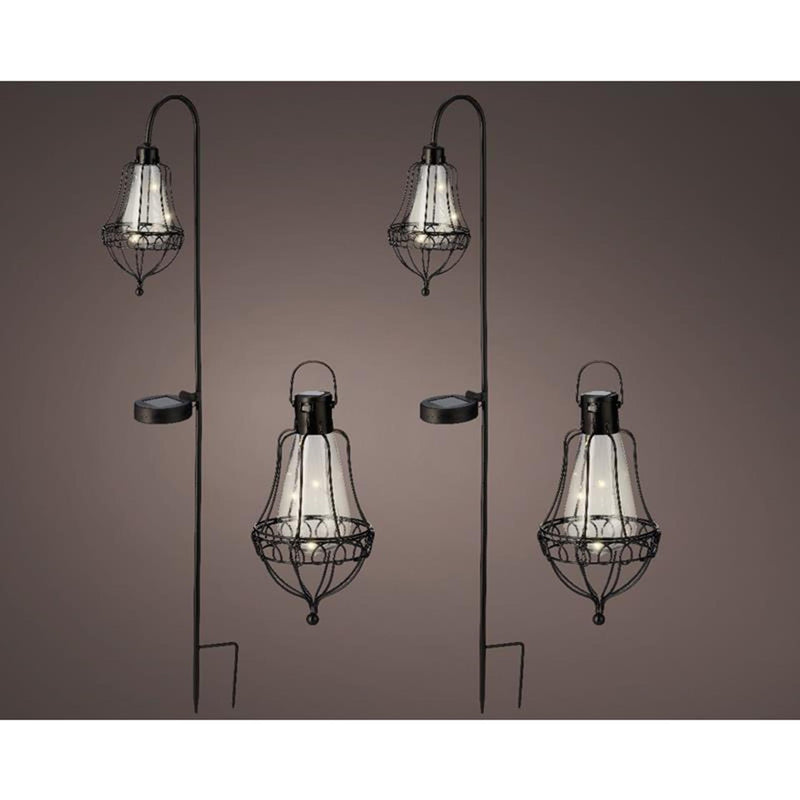 Afbeelding laden in galerijviewer, Lumineo led solarlantaarn set l11.5-w14.5-h84cm 2 steek lantaarns en 2 hang lantaarns metaal zwart h19,5 cm