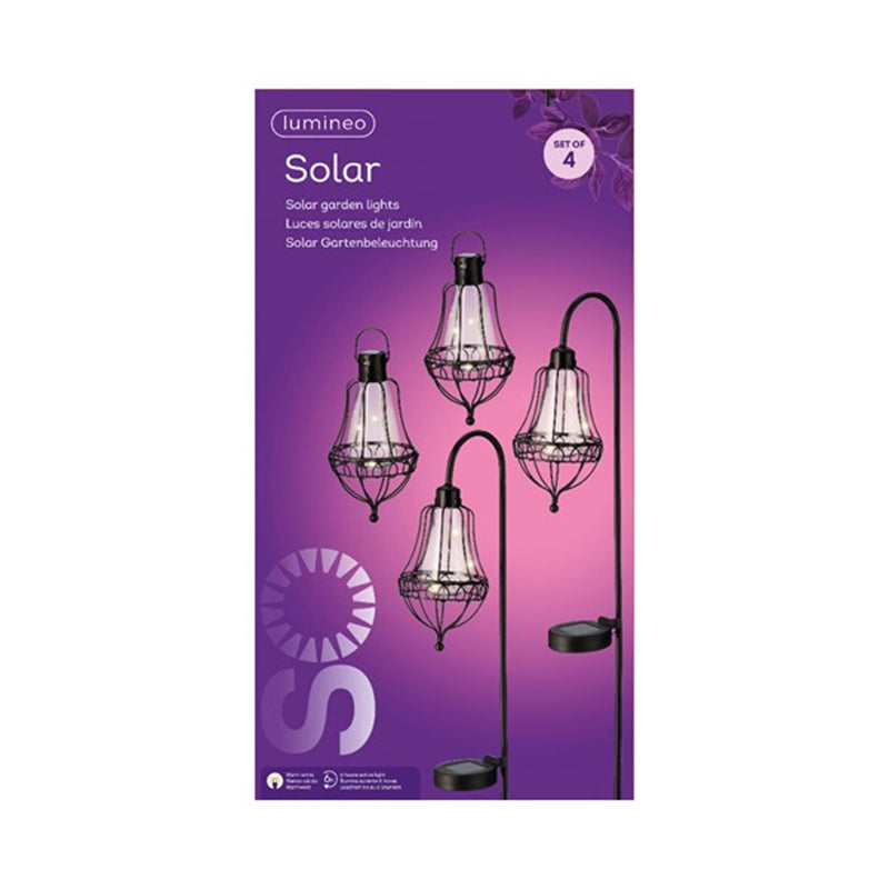 Afbeelding laden in galerijviewer, Lumineo led solarlantaarn set l11.5-w14.5-h84cm 2 steek lantaarns en 2 hang lantaarns metaal zwart h19,5 cm