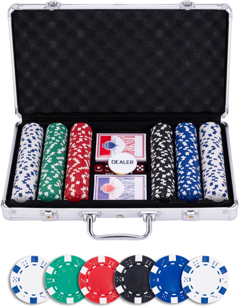 Afbeelding laden in galerijviewer, Longfield pokerset in zilveren koffer met 300 chips (11,5 g) – compleet met kaarten, dealer buttons dobbelstenen – engelhart
