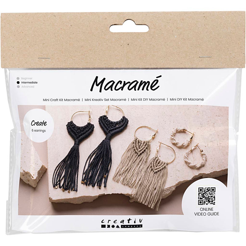 Load image into Gallery viewer, Creativ company https: www.cchobby.nl mini-hobbyset-macrame-oorbellen-zwart-olijfbruin-zandkleur-1-doos