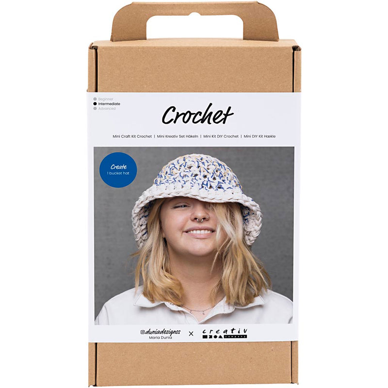 Load image into Gallery viewer, Creativ company https: www.cchobby.nl hobbyset-haken-grote-zonnehoed-blauw-licht-naturel-geel-1-doos