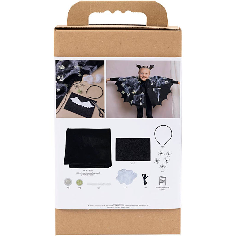 Afbeelding laden in galerijviewer, Https: www.cchobby.nl hobbyset-griezelige-verkleedkleding-vleermuiscape-en-hoofdband-zwart-zwart-glitter-1-doos