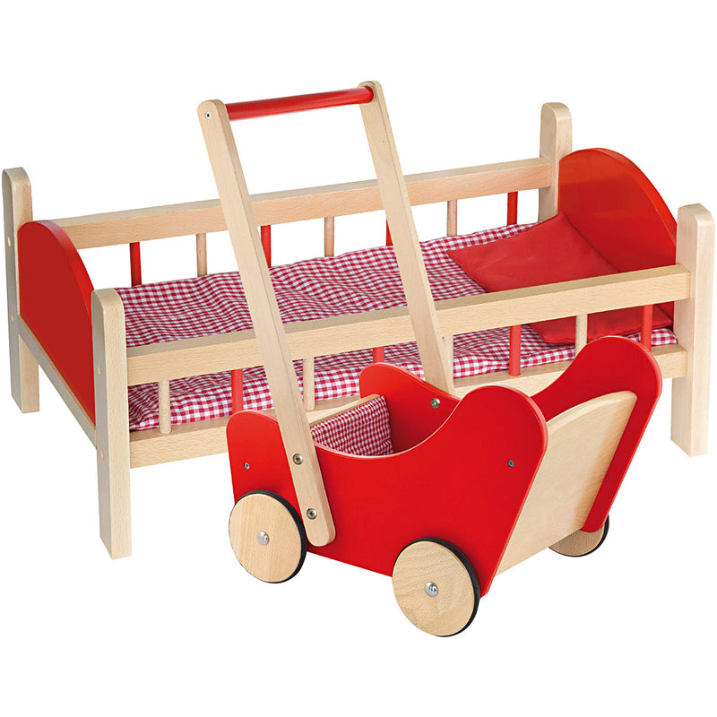 Laden Sie das Bild in Galerie -Viewer, Https: www.cchobby.nl viga-poppenbed-en-houten-poppenwagen-rood-2-onderdelen-1-set