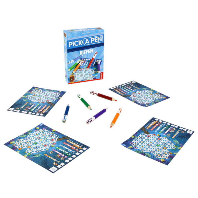 Afbeelding laden in galerijviewer, 999games 999 games - pick a pen - riffen - dobbelspel - dobbelen met potloden - scorevellen van 3 verschillende niveaus - gezelschapsspel - familiespel - klein cadeautje - bevat spelregels in nl en en