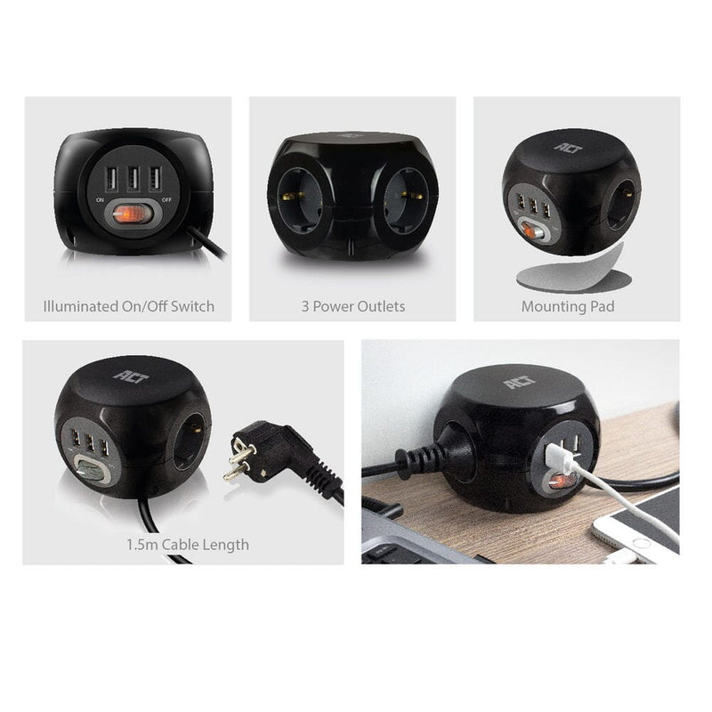 Load image into Gallery viewer, Act vierkante stekkerdoos (pdu) met 3 sockets type f 1,5m