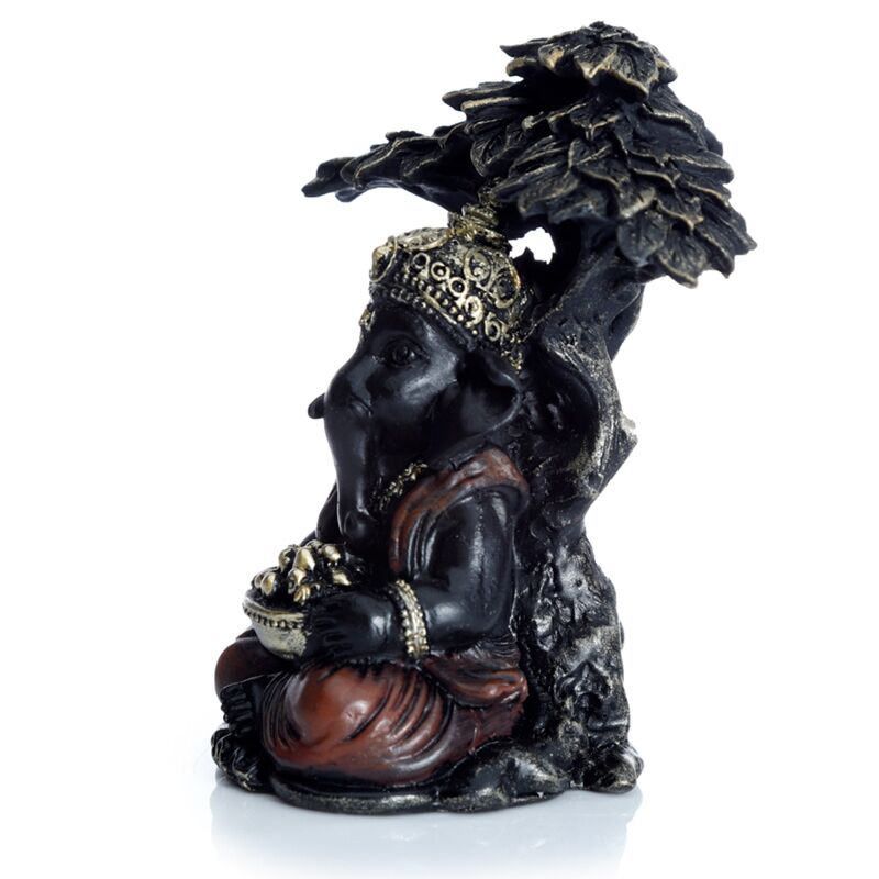 Laden Sie das Bild in Galerie -Viewer, Zwart goud ganesh zittend onder boom