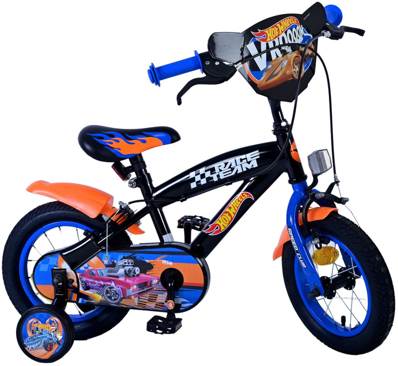 Afbeelding laden in galerijviewer, Volare hot wheels kinderfiets - jongens - 12 inch - zwart oranje blauw - twee handremmen