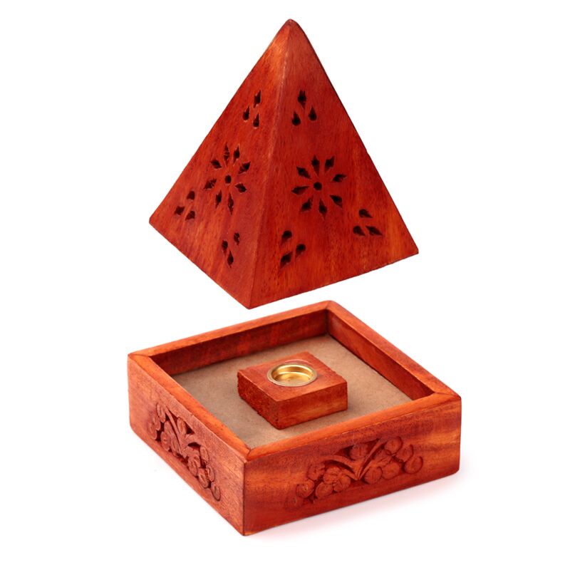 Laden Sie das Bild in Galerie -Viewer, Mango hout piramide wierookhouder kegels bloem lijstwerk