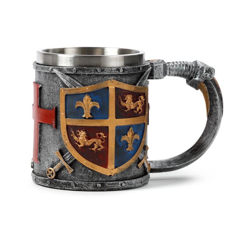 Cargue la imagen en el visor de la galería, Decoratief middeleeuwse ridder wapenschild zilver- en goudkleur bierpul