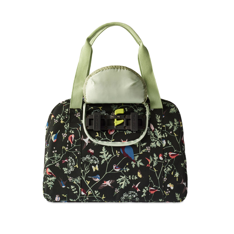 Load image into Gallery viewer, Basil Wanderlust Carry All Bag - zwarte fietshandtas met kleurrijke vogelprint