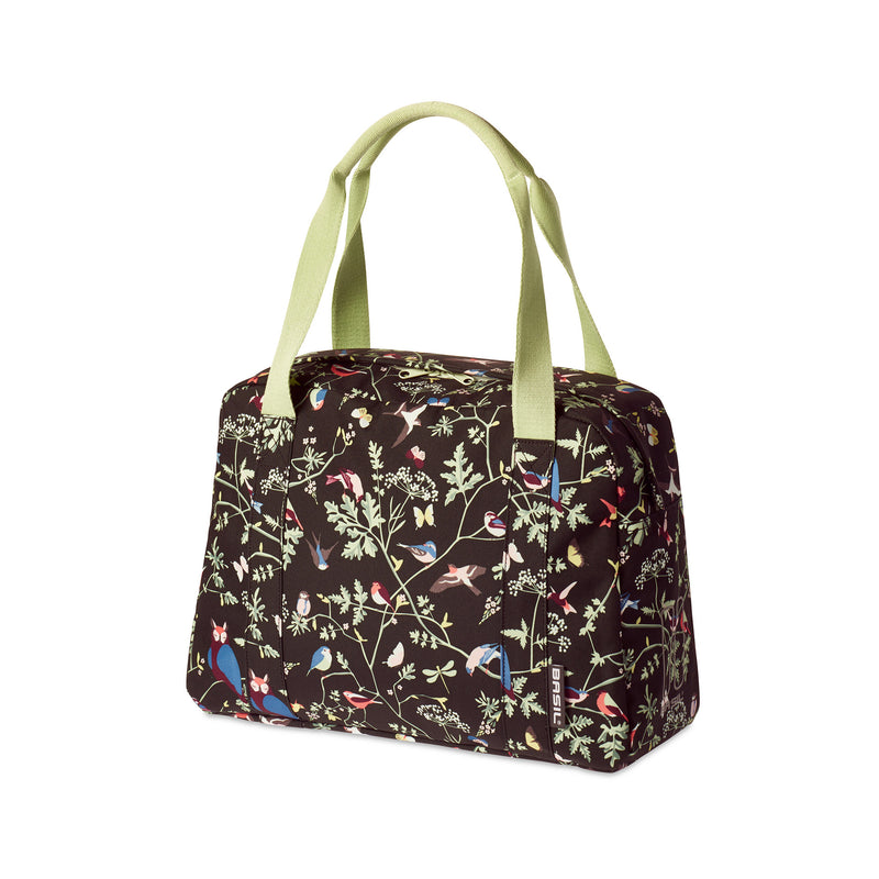 Load image into Gallery viewer, Basil Wanderlust Carry All Bag - zwarte fietshandtas met kleurrijke vogelprint