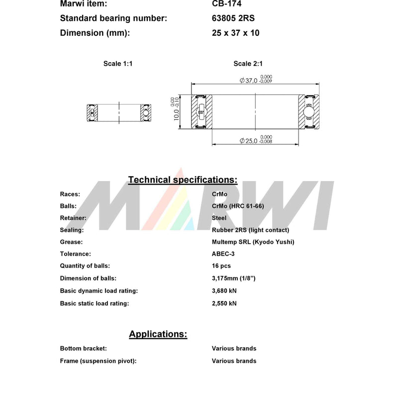 Load image into Gallery viewer, Marwi union kogellager cb-174 63805 2rs 25x37x10