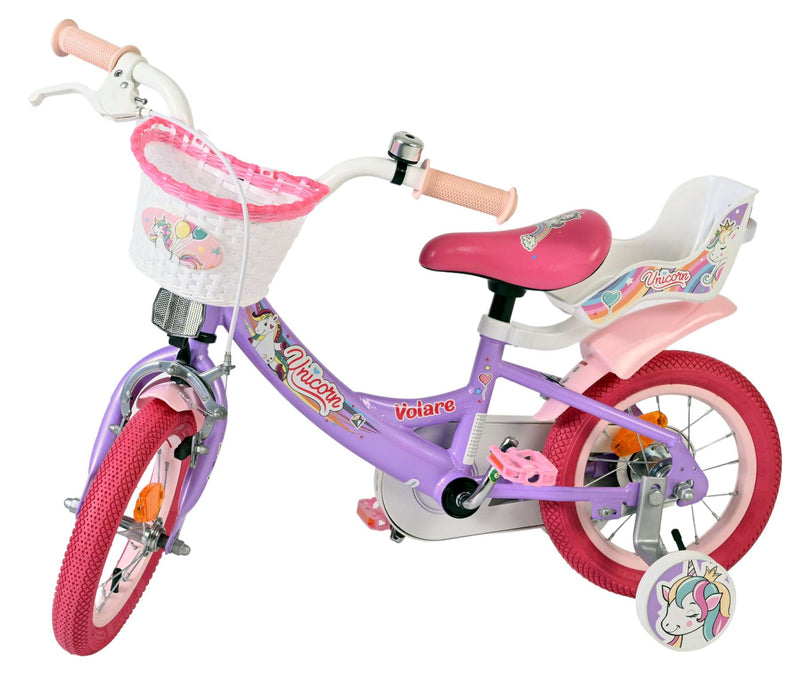 Afbeelding laden in galerijviewer, Volare unicorn kinderfiets - meisjes - 12 inch - paars
