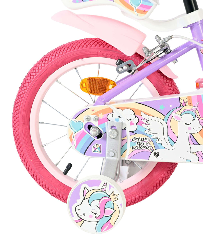 Afbeelding laden in galerijviewer, Volare unicorn kinderfiets - meisjes - 14 inch - paars - twee handremmen
