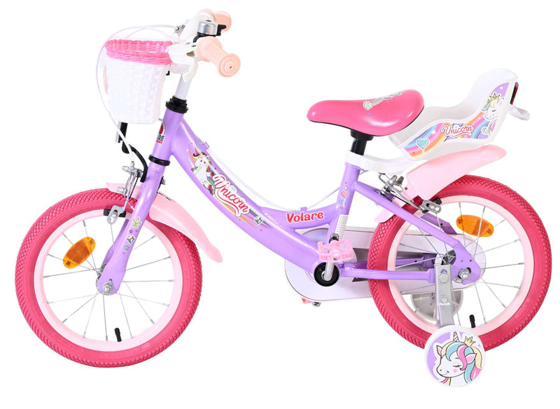Afbeelding laden in galerijviewer, Volare unicorn kinderfiets - meisjes - 14 inch - paars - twee handremmen