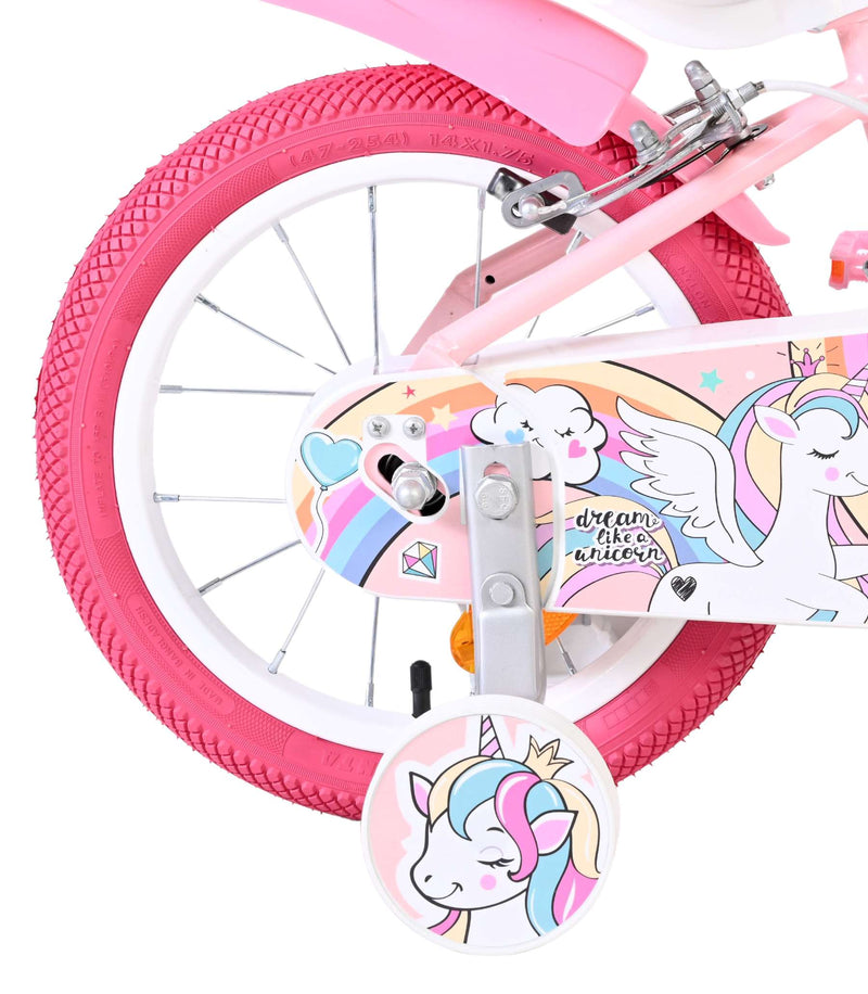 Afbeelding laden in galerijviewer, Volare unicorn kinderfiets - meisjes - 14 inch - roze - twee handremmen