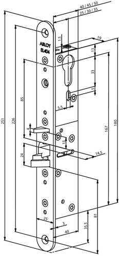 Cargue la imagen en el visor de la galería, Abloy el404 bijzetslot | solenoid | zelfvergrendelend | dm25 | 30 en 35mm | pc | voorplaat rvs 25x251mm afgerond | spanningsloos vergrendeld | 12 24v ac dc | dr 1+2+3+4 - 10025054