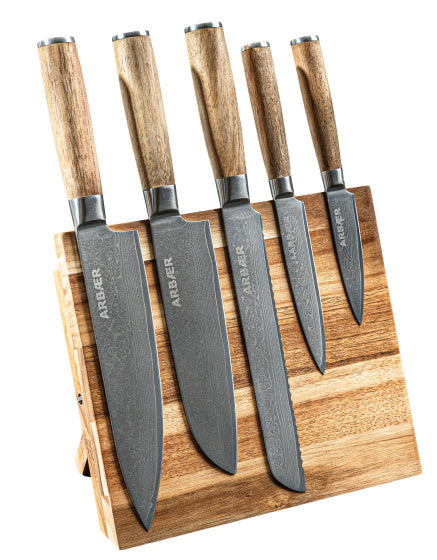 Load image into Gallery viewer, Arbaer messenset met magnetisch blok 6-delig damascus staal olijfhouten handvatten
