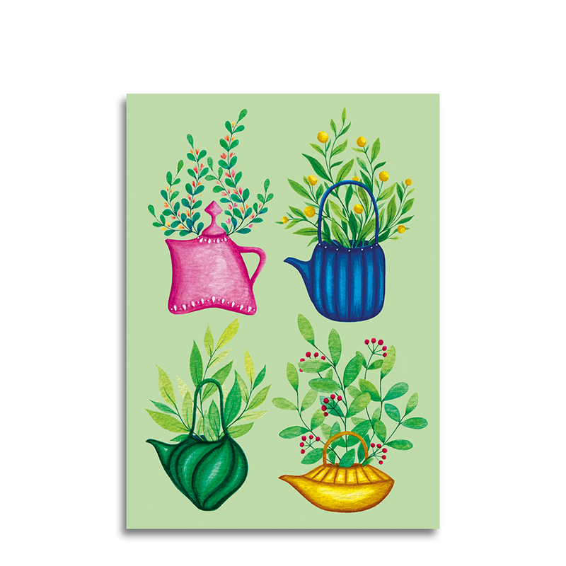 Laden Sie das Bild in Galerie -Viewer, Art by andu wenskaart 4 tea pots green