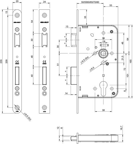 Chargez l'image dans la visionneuse de la galerie, Assa abloy 2420 deurslot | dm65mm | pc72mm | krukgat 8mm | voorplaat rvs 24x235mm rechthoekig | dr 1+3 2+4 - 7262018