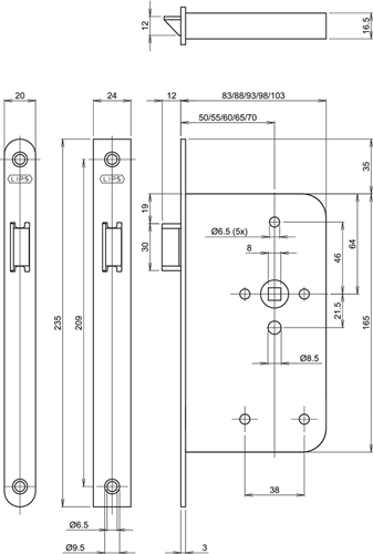 Chargez l'image dans la visionneuse de la galerie, Assa abloy 2465 loopslot | dm50mm | krukgat 8mm | voorplaat staal gelakt 20x235mm afgerond | dr 1+3 2+4 - 7962040