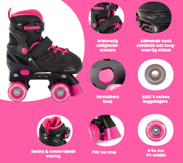 Load image into Gallery viewer, Aventuri verstelbare rolschaatsen semi-softboot zwart roze maat 35-38 (m)