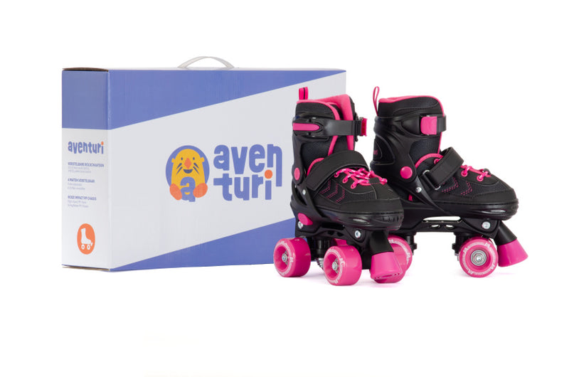 Load image into Gallery viewer, Aventuri verstelbare rolschaatsen semi-softboot zwart roze maat 35-38 (m)