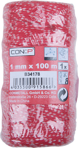 Load image into Gallery viewer, Con:p pp touw 1mm 6kg rood wit bob 100m - b34178
