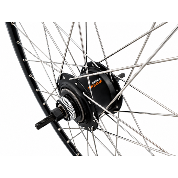 Afbeelding laden in galerijviewer, Shimano achterwiel 28 inch nexus 7 naaf (zwart) - zac2000 velg (zwart zilver) met rvs spaken - voor schijfrem