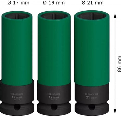 Cargue la imagen en el visor de la galería, Bosch accessoires 3-delige doppenset | 85 mm, 17; 19; 21 mm 1 2 extra diep - 2608003033