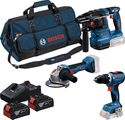 Load image into Gallery viewer, Bosch blauw accutoolkit 3 toolkit 18v gsr 18v-65 + gws 18v-8 + gbh 18v-22 | 2x gba 18v 4.0ah + lader gal 18v-40 - 0615a50094