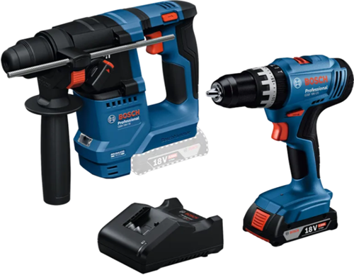 Load image into Gallery viewer, Bosch blauw combiset 18v gsb 18v-25 accu klopboormachine + gbh 18v-18 boorhamer +1x2.0ah+gal 18v-20 - 0615a5007p