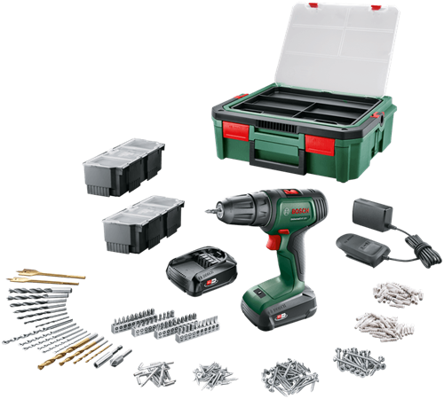 Load image into Gallery viewer, Bosch groen universal drill 18v | accuschroefboormachine | 2 x 1.5 ah accu + lader | incl. accessoires + systembox - 06039d4003