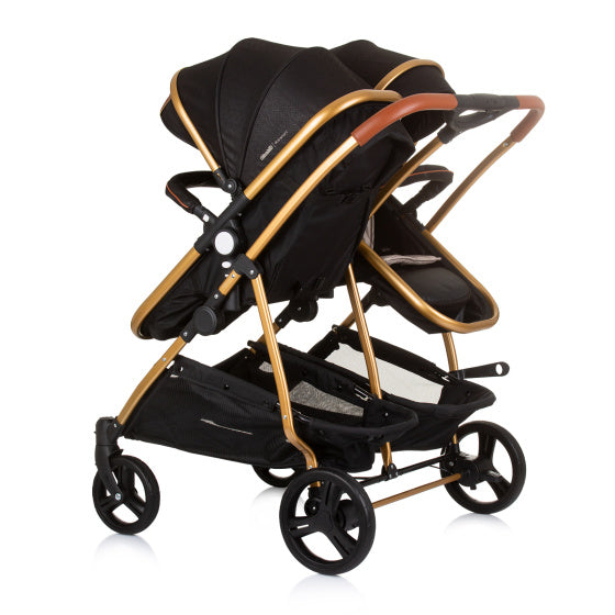 Load image into Gallery viewer, Chipolino duo opvouwbare kinderwagen voor 2 obsidian gold zwart