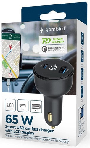 Laden Sie das Bild in Galerie -Viewer, Enzo usb + usb-c autolader | 65w | zwart | status lcd - 9540116