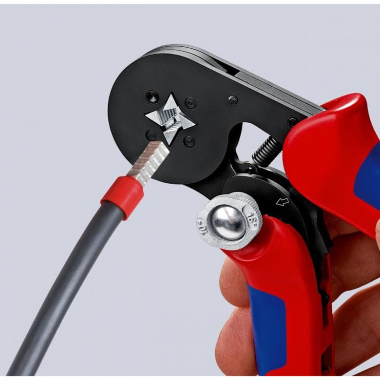 Load image into Gallery viewer, Knipex zelfinstellende krimptang voor adereindhulzen 97 53 04 sb (rood blauw, met zij-invoering)
