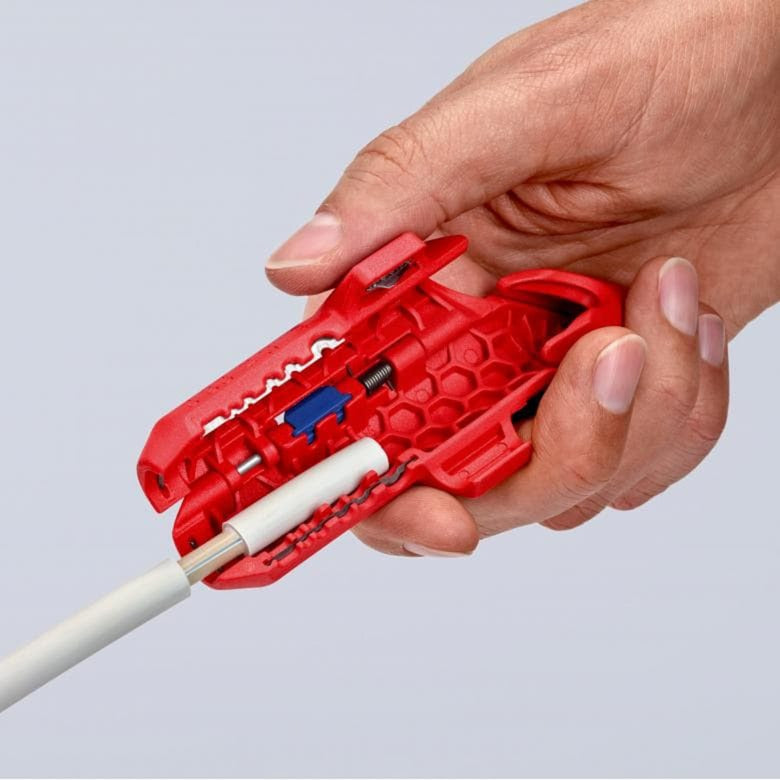 Load image into Gallery viewer, Knipex ergostrip universeel ontmantelingsgereedschap 16 95 02 sb kabelstrip- ontmantelingsgereedschap (rood blauw, links-handig)