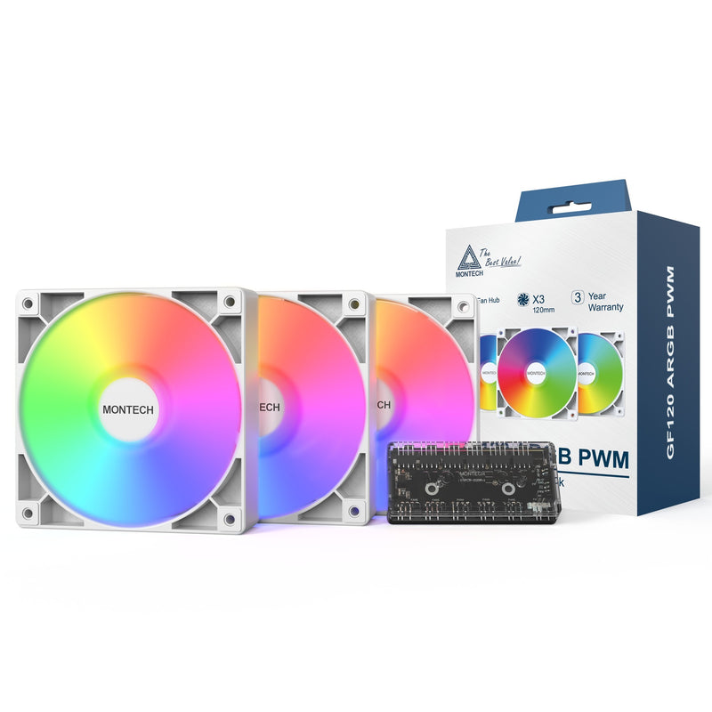 Load image into Gallery viewer, Montech gf120 argb pwm 3 in 1 pack case fans (wit, 3 stuks, 120 x 120 x 25 mm)