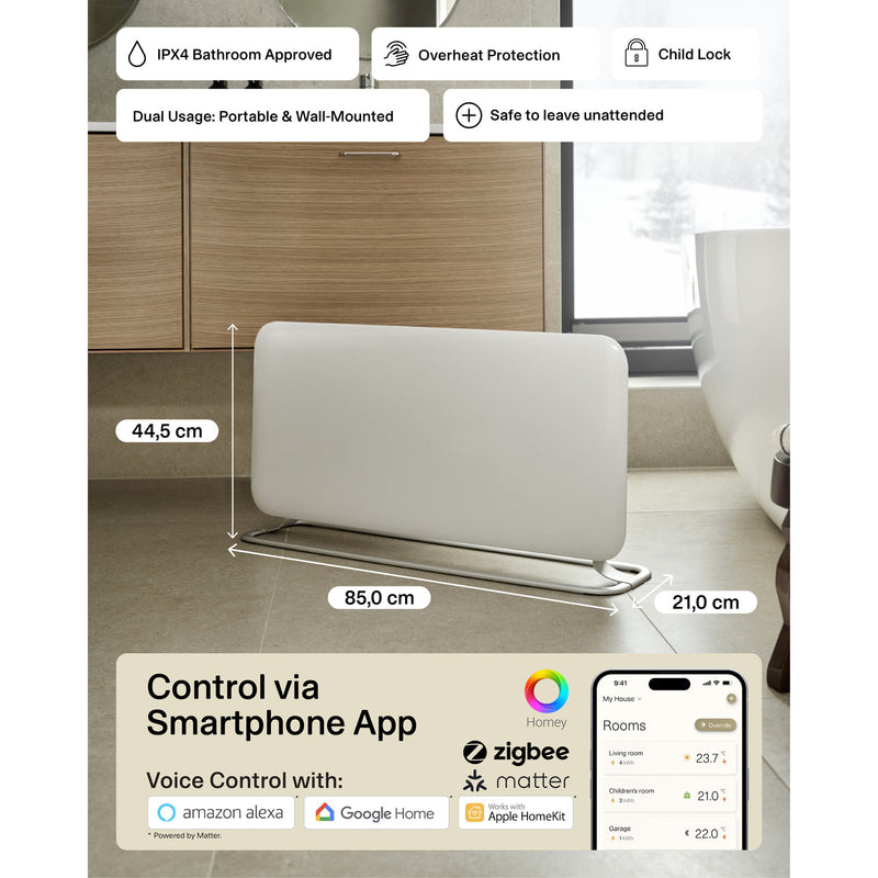 Afbeelding laden in galerijviewer, Mill steel wifi paneelverwarming pa1500wifi4a met voet, 1500 watt convector (wit, wifi 2,4 ghz (wifi 6), bluetooth 5.2, zigbee 3.0 + app)