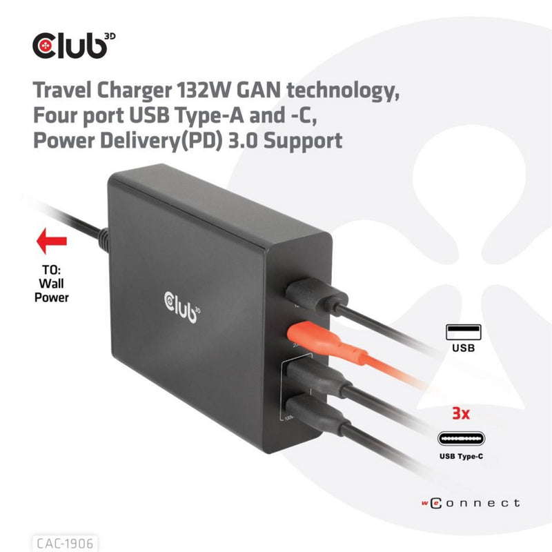 Load image into Gallery viewer, Club 3d travel charger 132w gan technology, four port usb type-a and -c (zwart, power delivery(pd) 3.0)