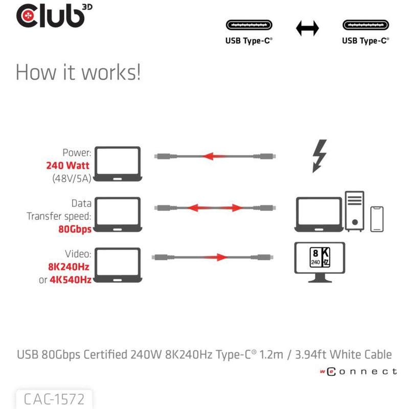 ギャラリービューアに画像をロードする, Club 3d gecertificeerde usb-c kabel (wit, 1,2 meter, 240 w)