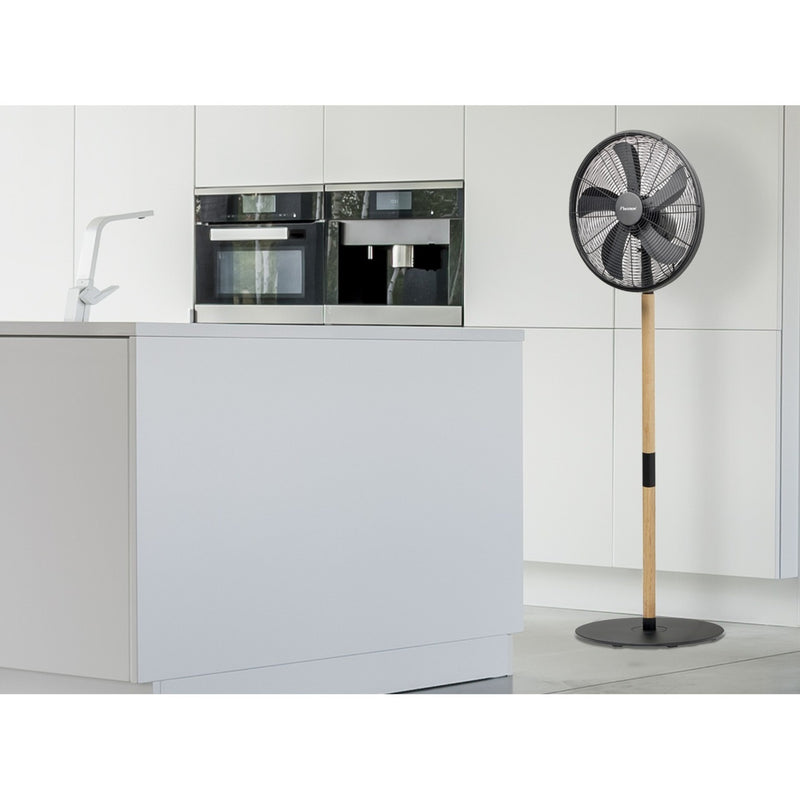 Load image into Gallery viewer, Bestron dfs45wb design statiefventilator (zwart houtkleur, ø 45 cm | stijlvol hout desgin)