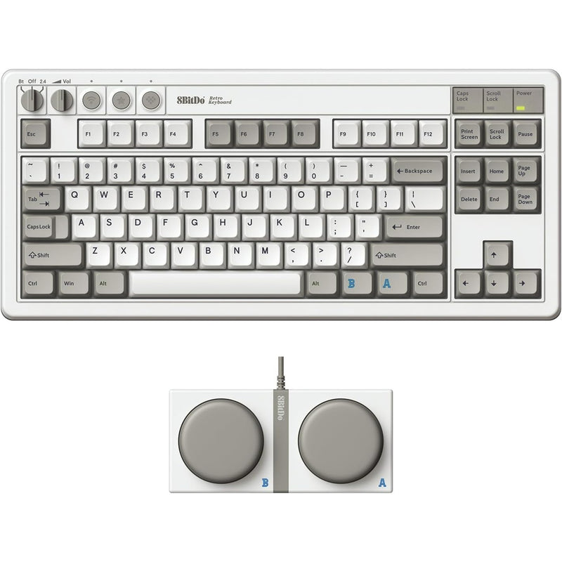 Load image into Gallery viewer, 8bitdo retro mechanical keyboard m edition, gaming toetsenbord (grijs donkerrood, us lay-out, kailh box white, tkl, bluetooth low energy, wireless 2.4g, usb)