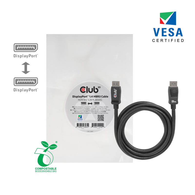 Afbeelding laden in galerijviewer, Club 3d displayport 1.4 hbr3 kabel (zwart, 1 meter, 8k)