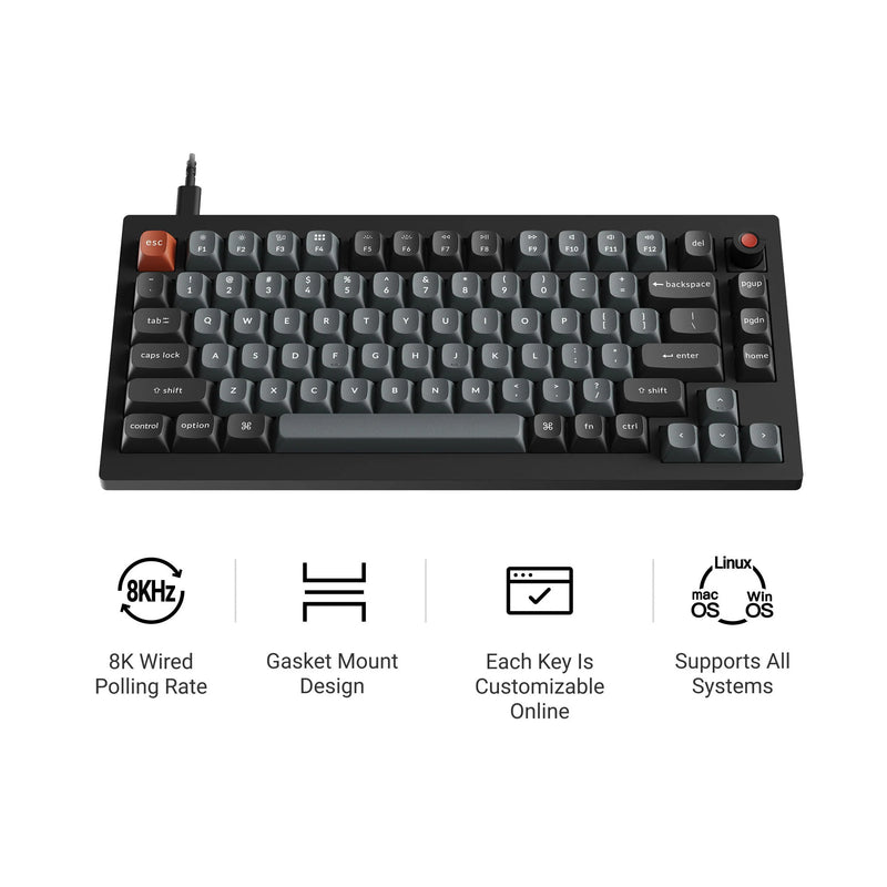 Load image into Gallery viewer, Keychron v1w-d1 8k qmk wired custom mechanical keyboard (zwart, us lay-out (qwerty), super red, 75%, rgb leds, double-shot pbt, hot swap, 8k, knop)