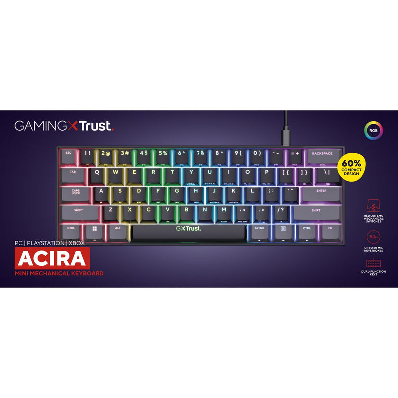 Load image into Gallery viewer, Trust gxt 867 acira 60% mini mechanisch gaming-toetsenbord, gaming toetsenbord (zwart, us lay-out, outemu red, 60%, rgb)